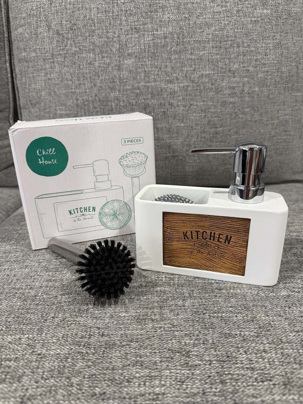 Chill House 3-Pc Kitchen Sink Organizer Set with Soap Disp, Brush, and Scrubber